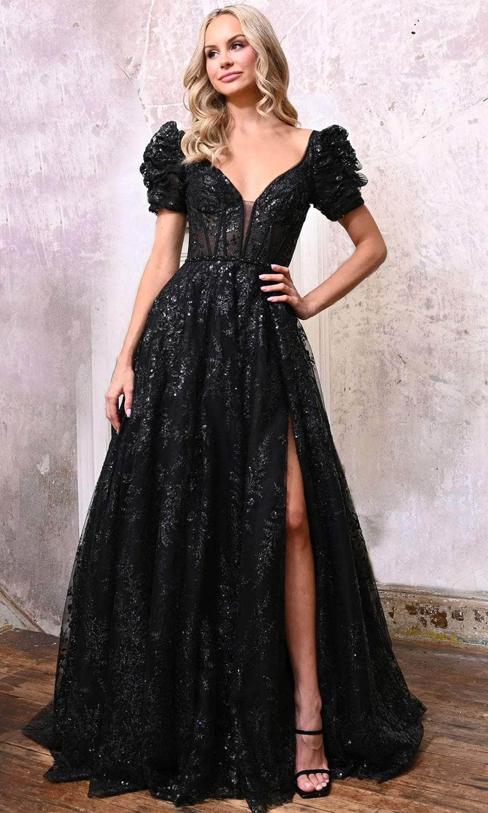 Puff Sleeve Glitter Prom Dress