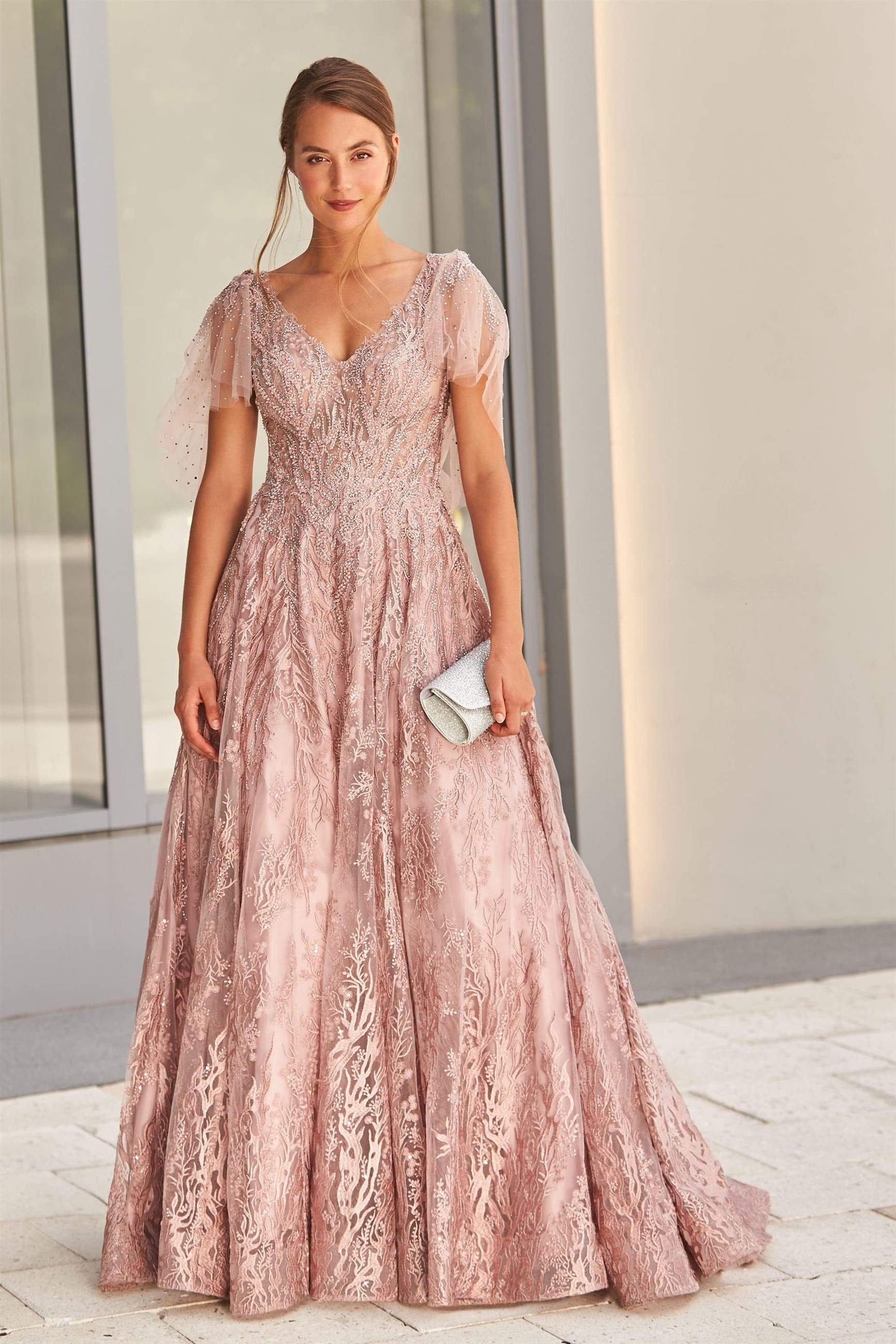 120D10 Embroidered Lace Pleated A-Line Gown