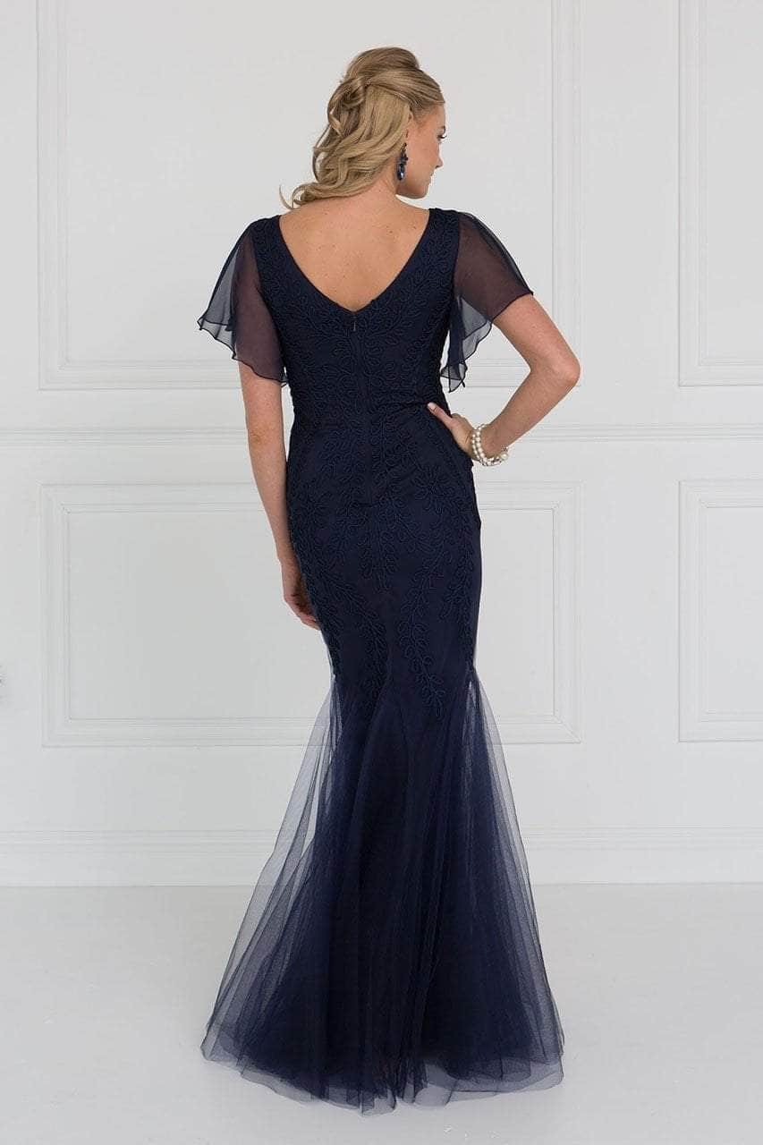 Foliage Appliqued Sheer Sleeve Formal Gown