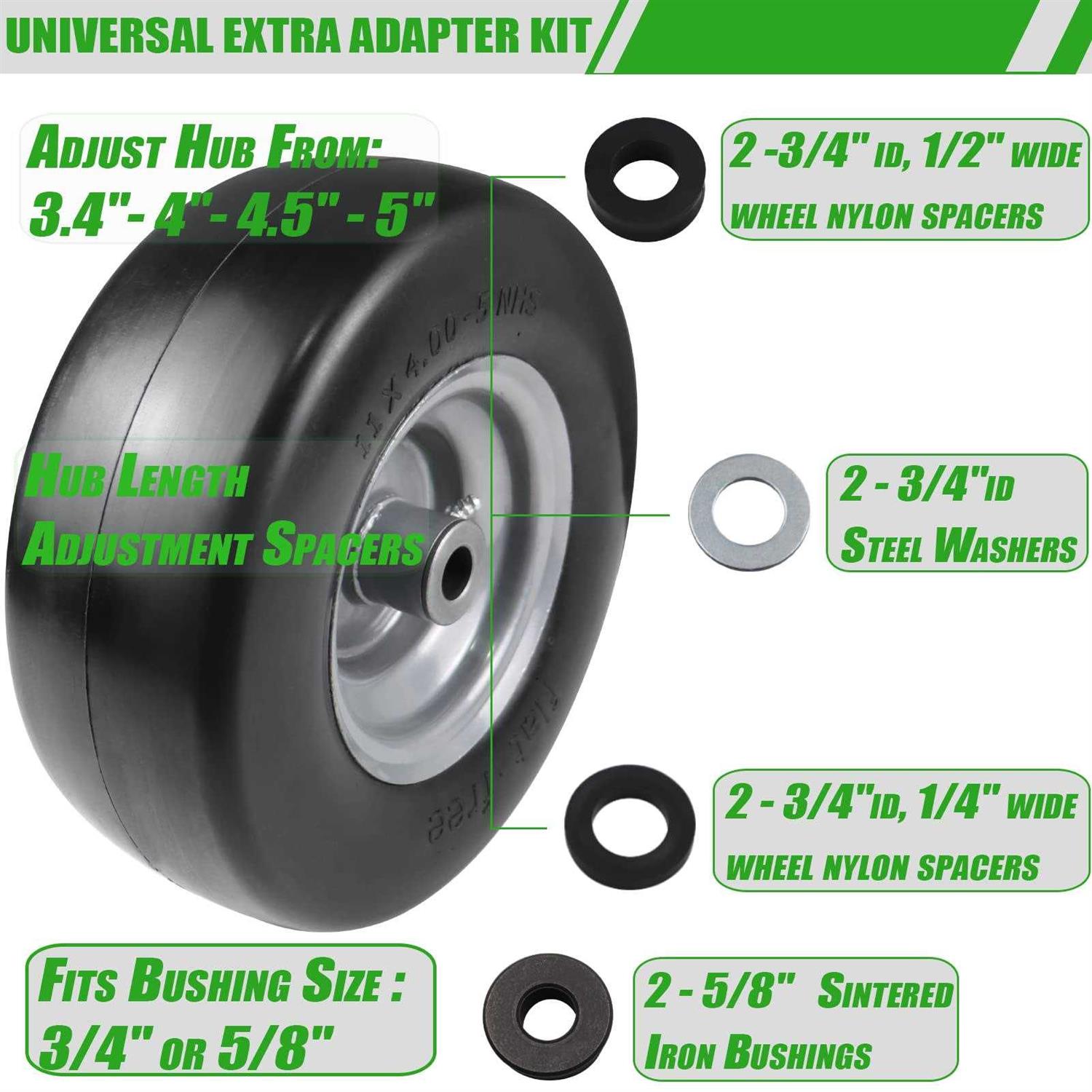 2 Pcs 11×4.00-5 Flat Free Lawn Mower Tire on Wheel, 3/4 or 5/8 Bushing