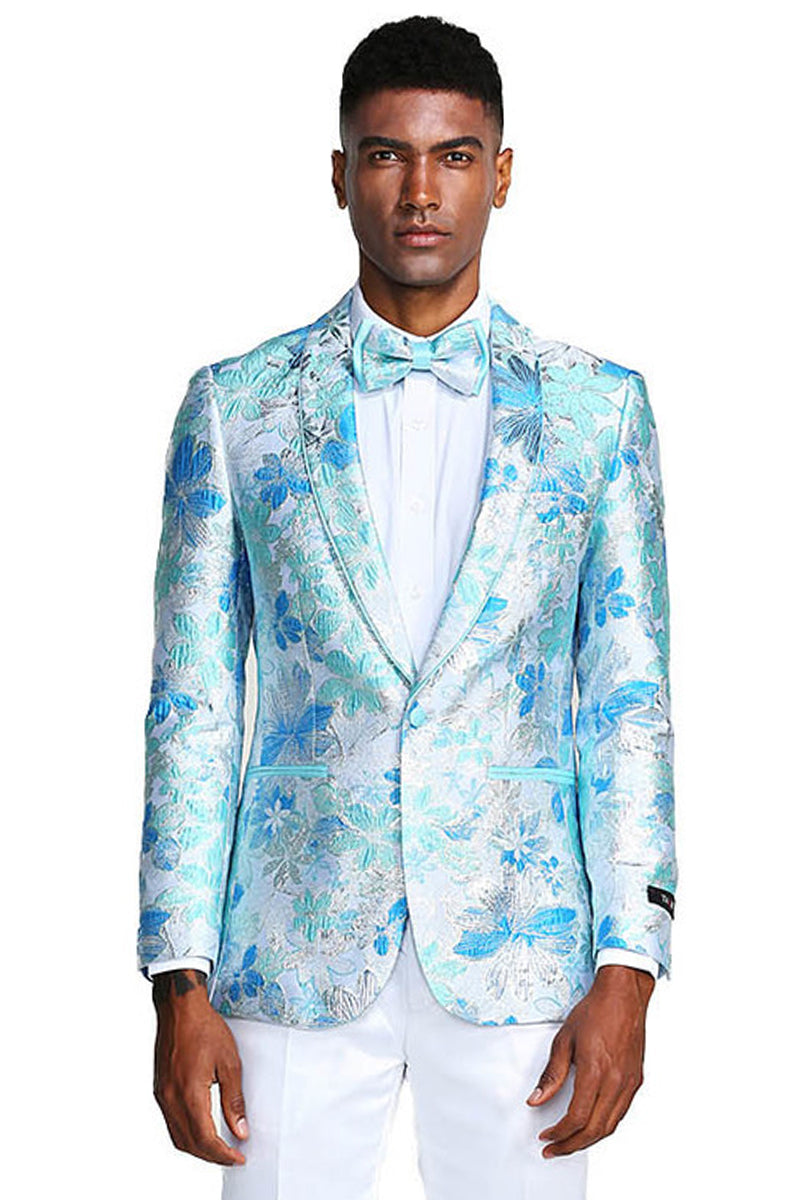 Men’s Slim Fit Paisley Prom Tuxedo Jacket in Sky Blue & Silver