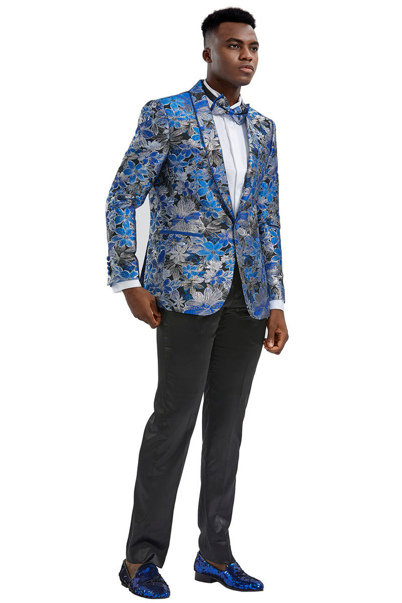 Men’s Slim Fit Paisley Prom Tuxedo Jacket in Royal Blue & Black