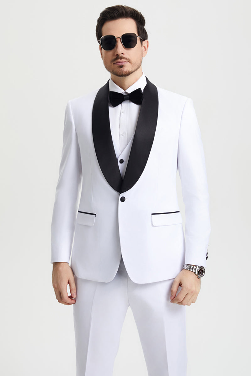 Men’s Stacy Adams Vested One Button Shawl Lapel Designer Tuxedo in White