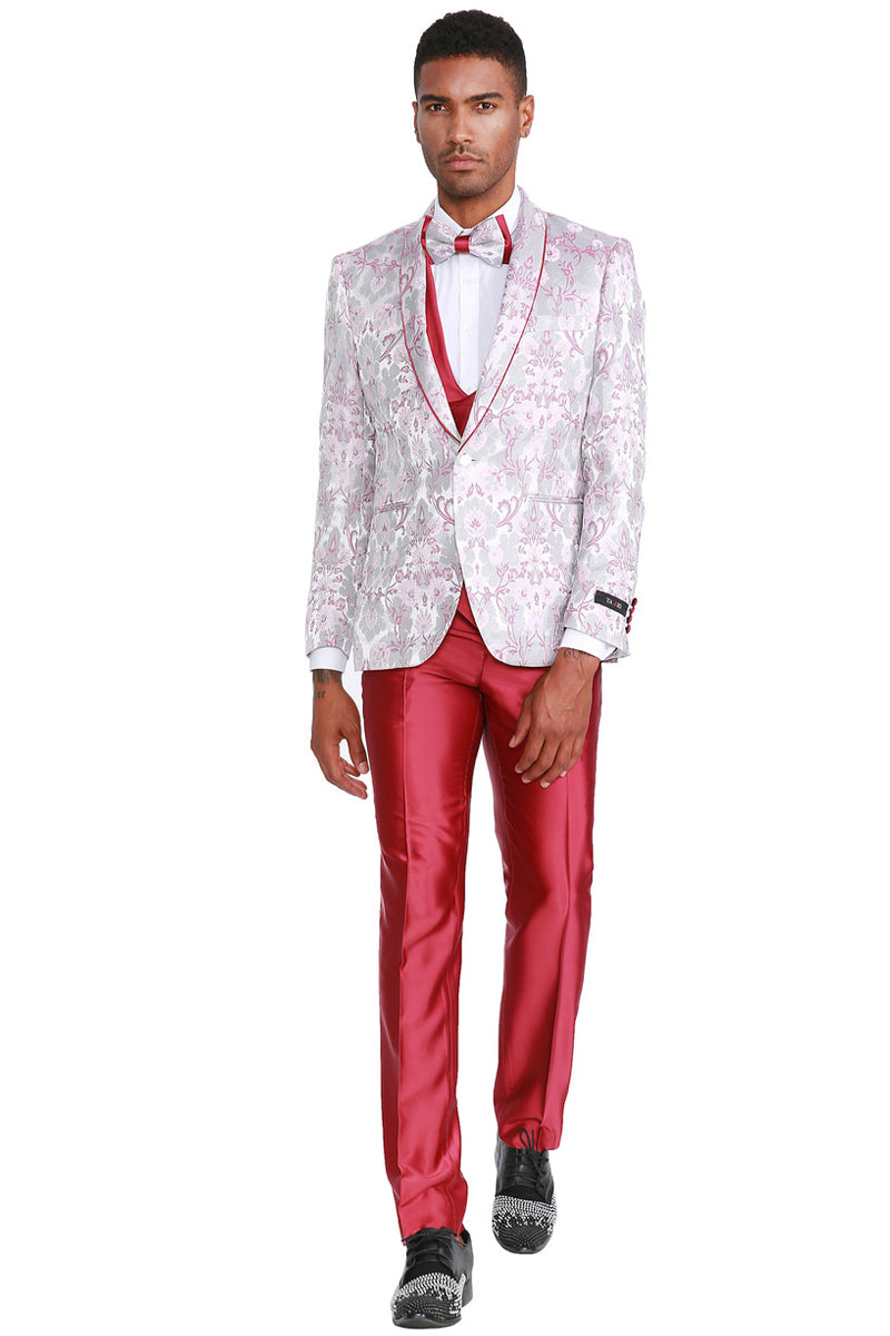 Men’s One Button Vested Floral Print Prom & Wedding Tuxedo with Satin Vest and Pants in Pink