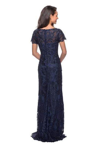 26405 Short Sleeve Jewel-Adorned Lace Sheath Gown