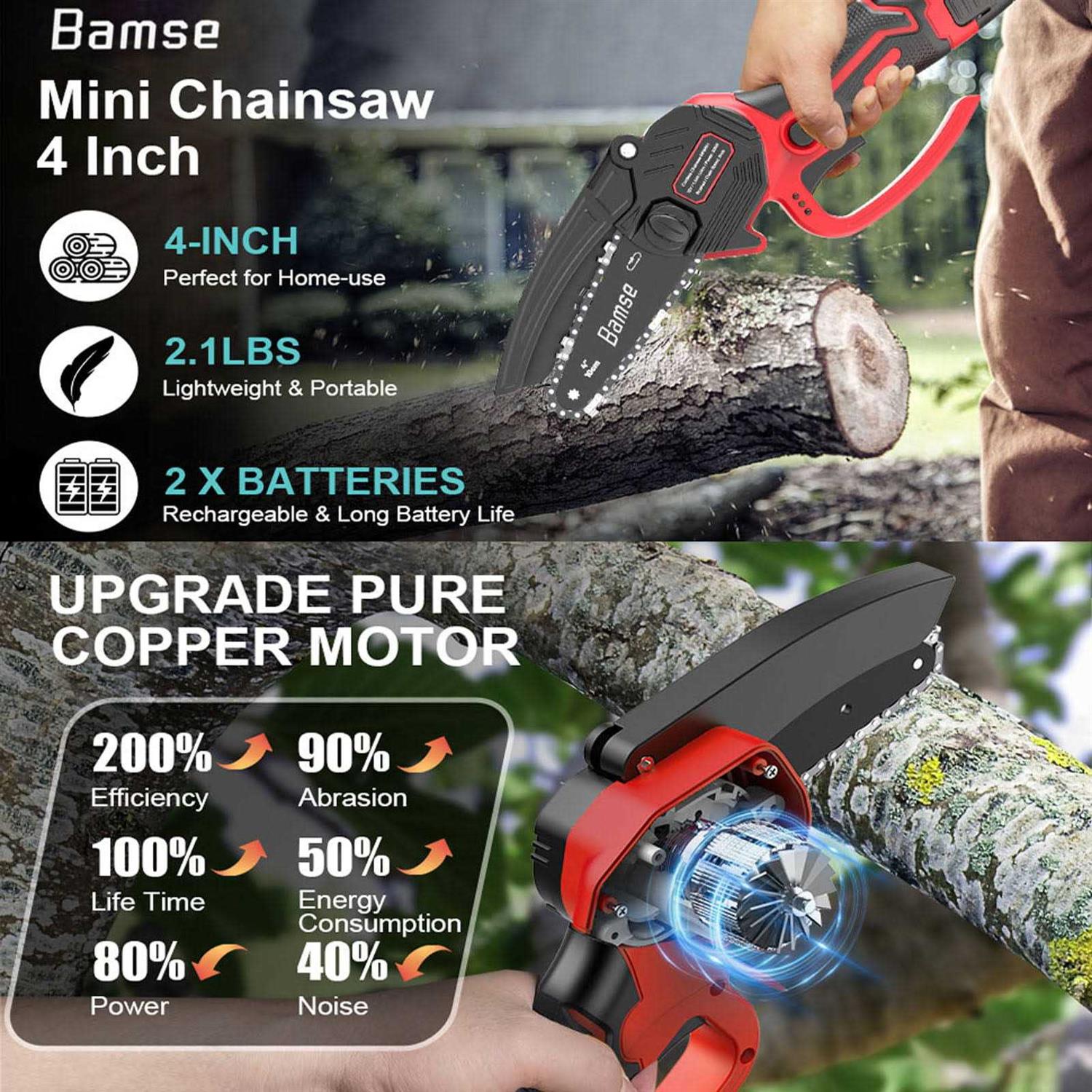 Bamse 4 inch Mini Chainsaw Cordless 12V Electric Handheld Chain Saw with Battery Portable Tool for Tree Branches