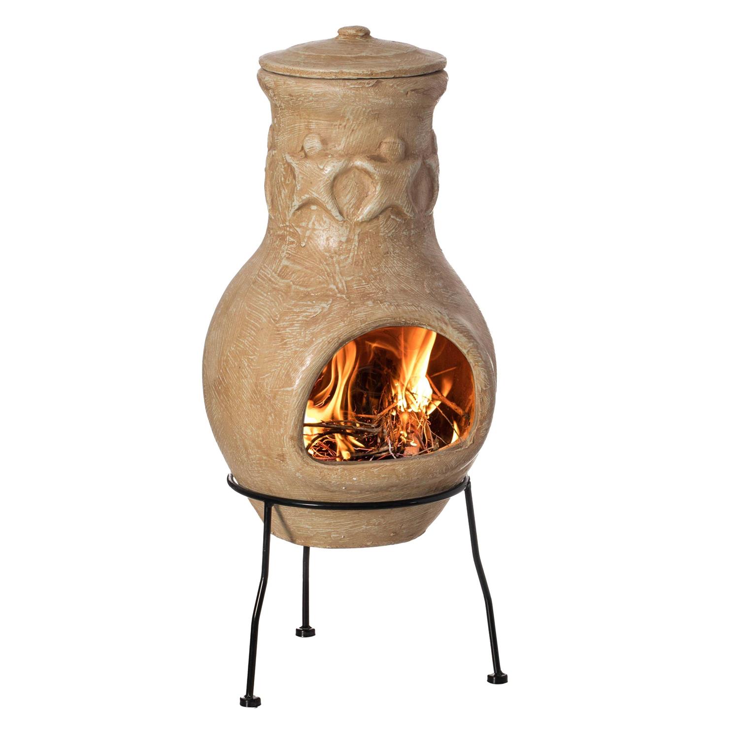 Beige Outdoor Clay Chiminea Outdoor Fireplace Maya Design Charcoal Burning Fire Pit with Sturdy Metal Stand Vintiquewise