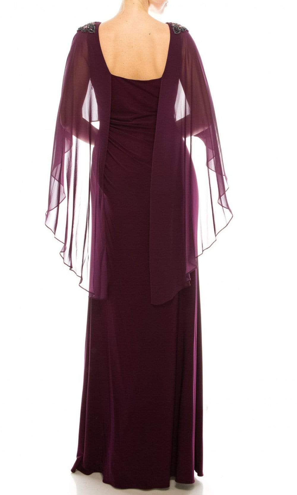 AP1E206514 Ruched High Slit Sheer Cape Evening Dress