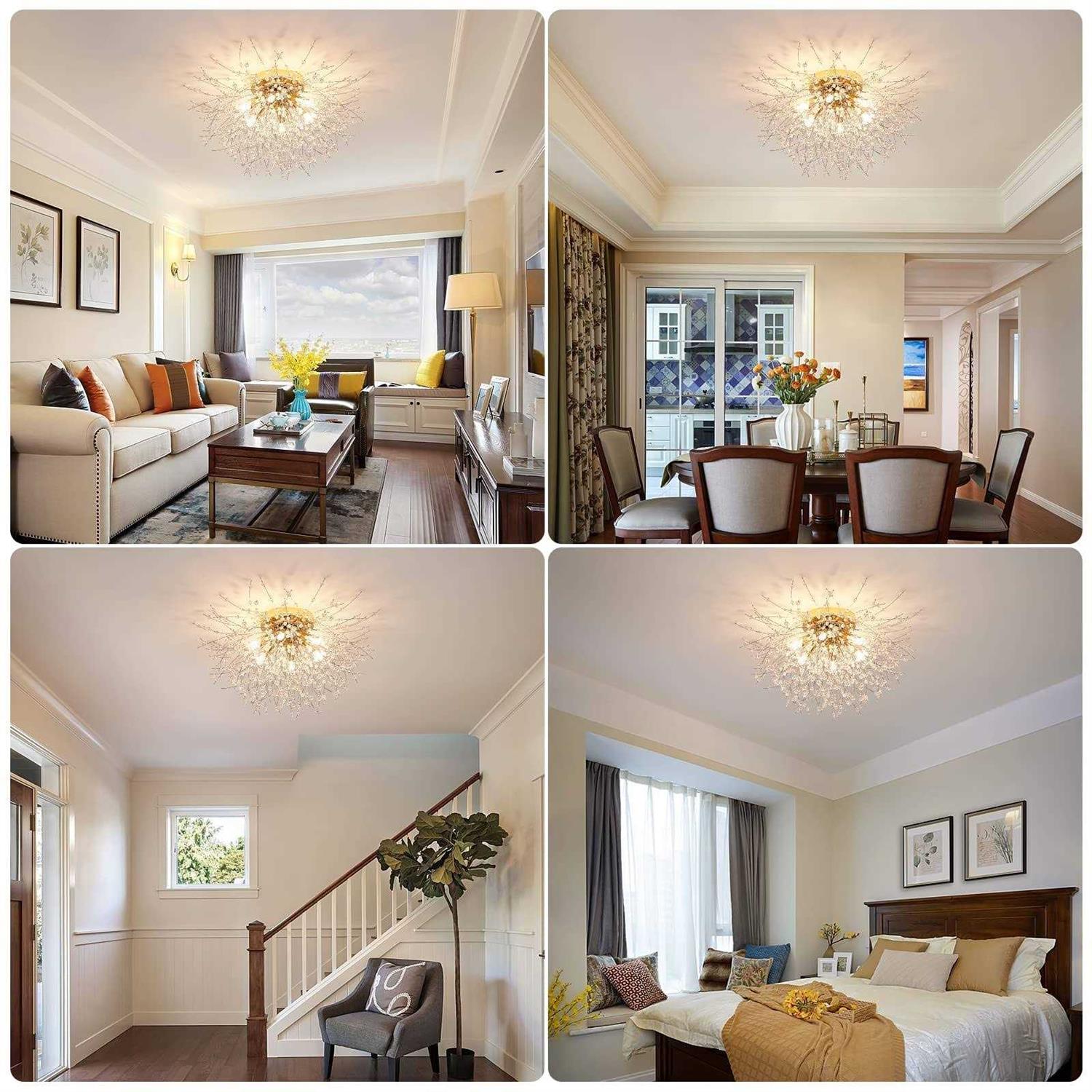 6-Light Sputnik Flush Mount Ceiling Light Fixture Modern Gold Crystal Firework Ceiling Lights