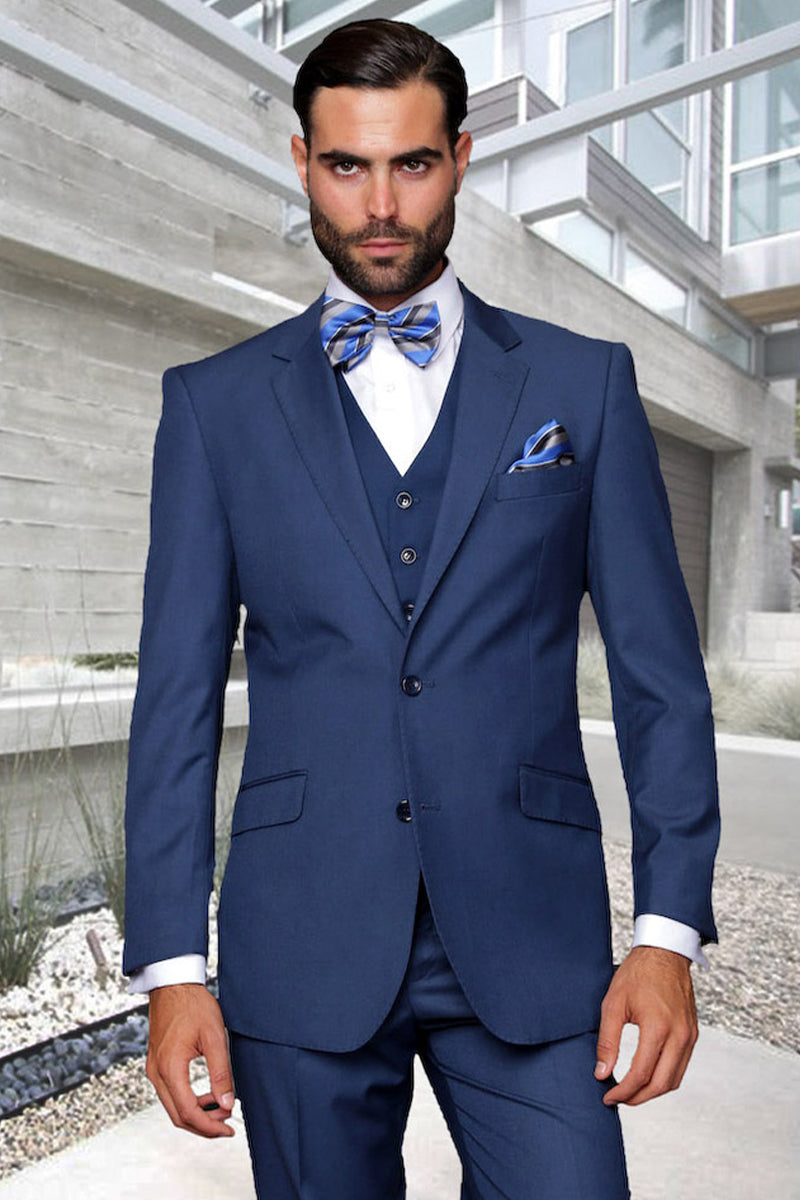Men’s Designer Vested Modern Fit Wool Wedding & Business Suit in Indigo Blue