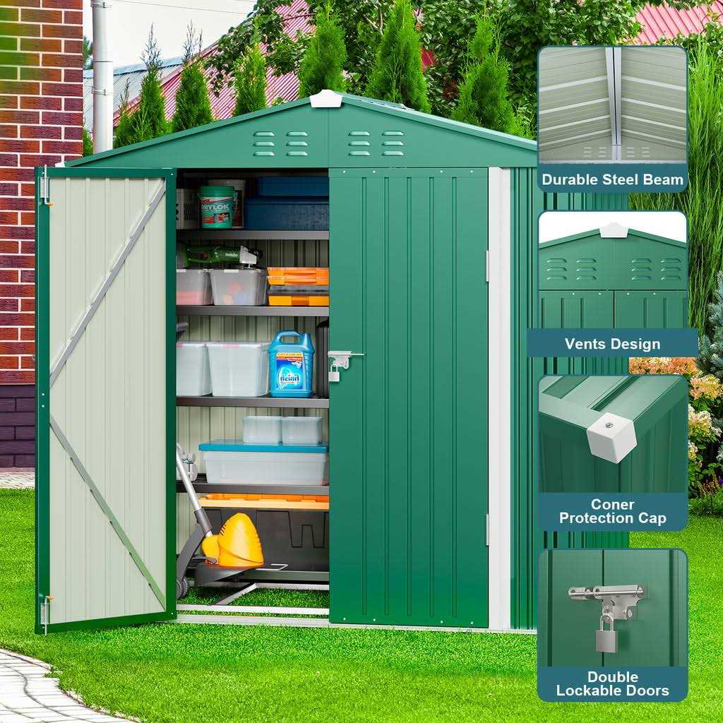 Aiho 6 x 4 FT Outdoor Storage Shed on Clearance with Metal Base Frame and Double Lockable Doors for Garden