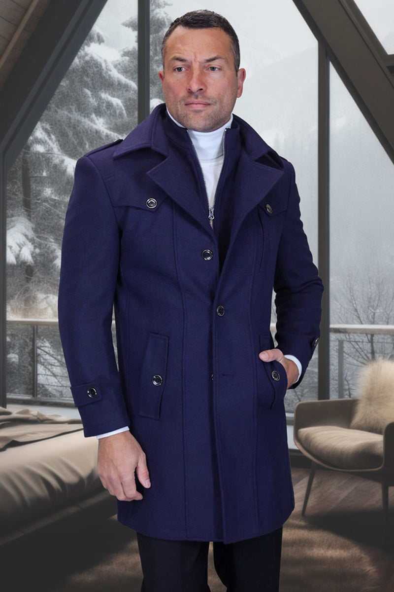 Men’s Designer Wool & Cashmere Car Coat with Zip Out Liner in Navy