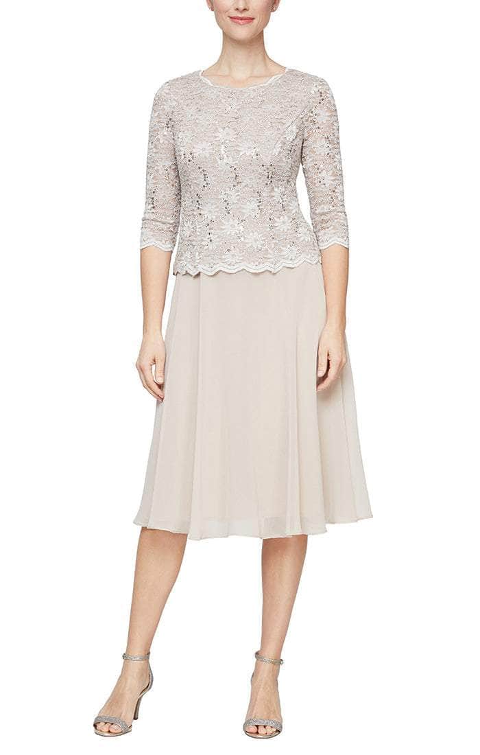 1121796 Scallop Lace Top Tea Length Chiffon Dress