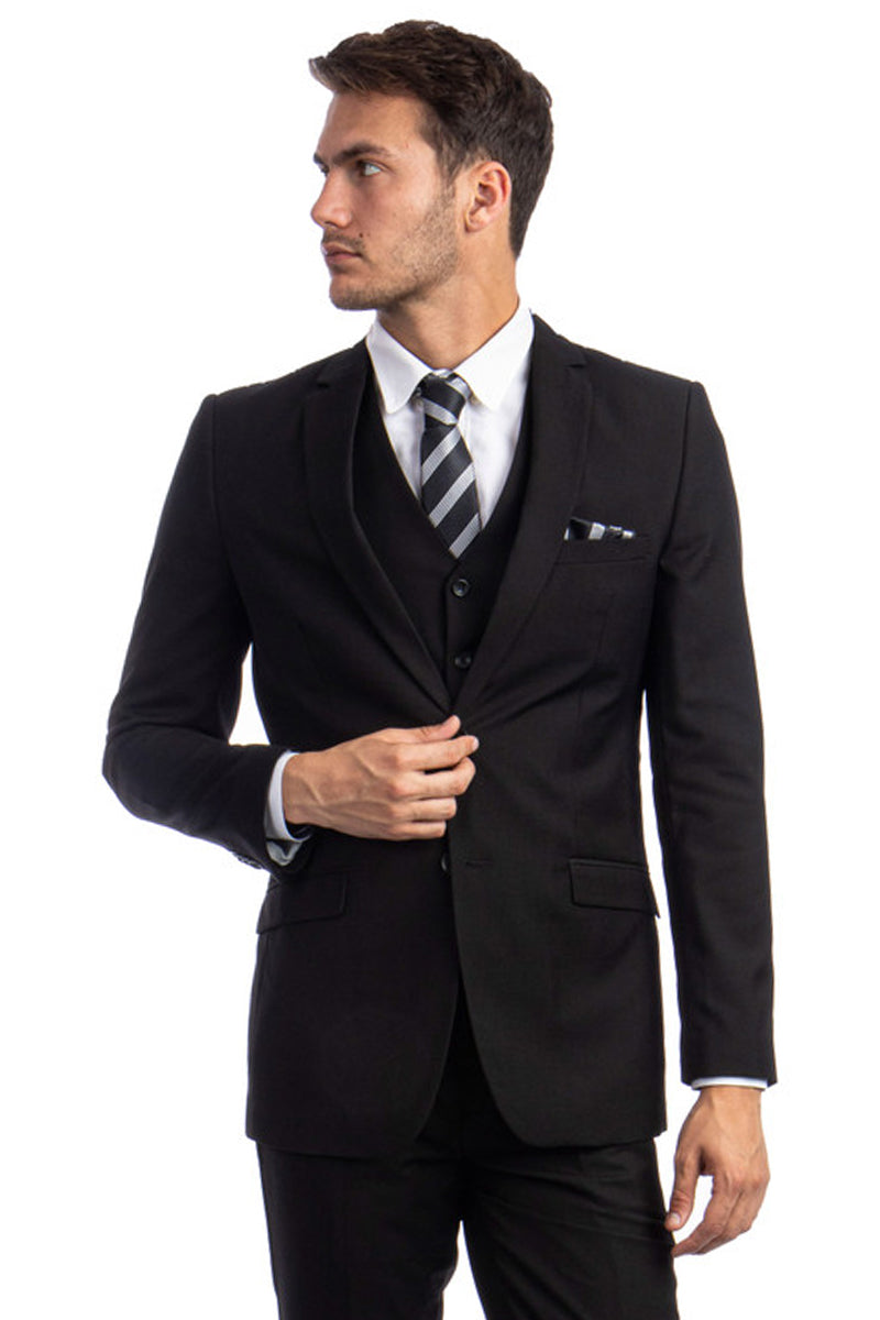 Men’s Two Button Basic Hybrid Fit Vested Suit in Black