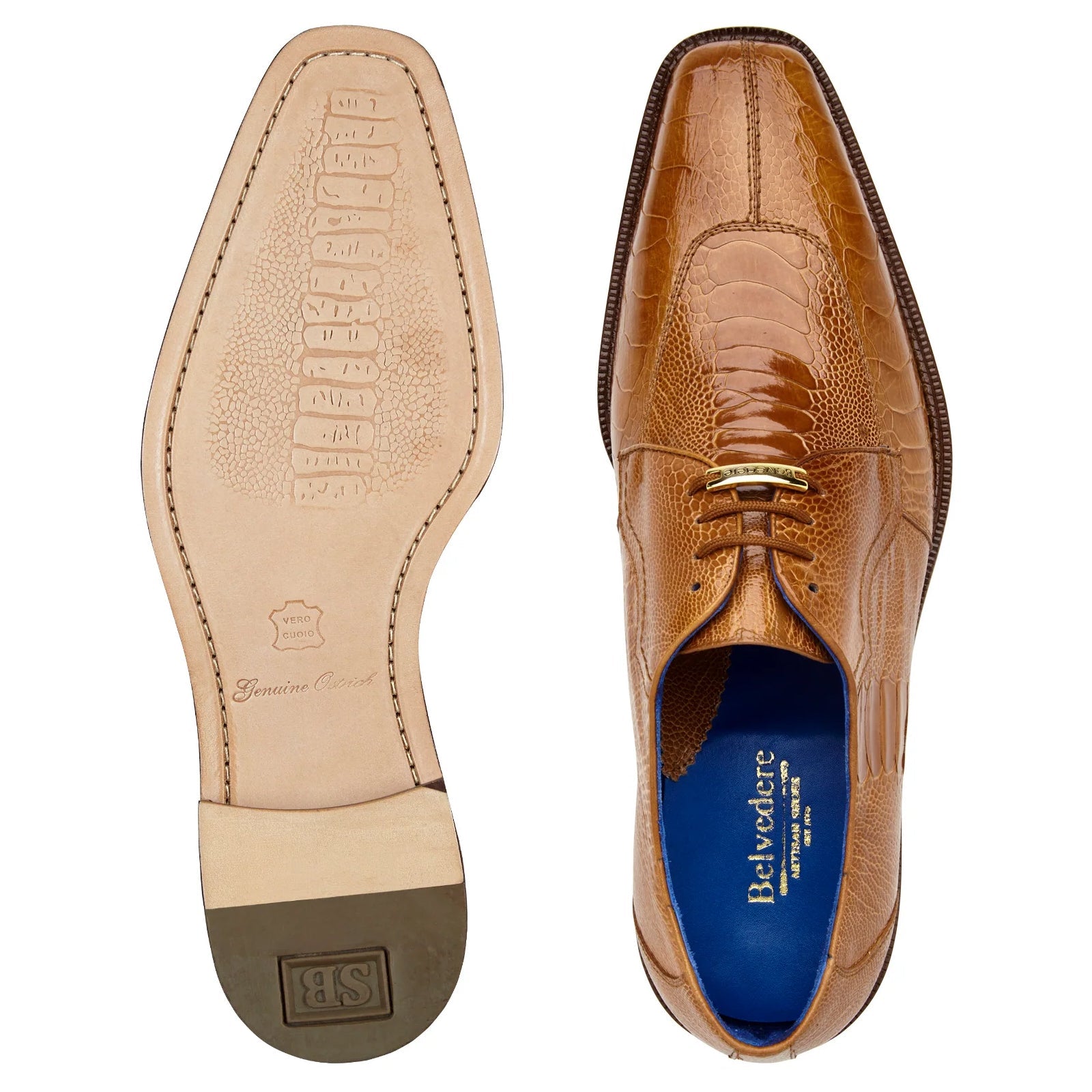 Men’s Belvedere Siena Ostrich Leg Moc Toe Dress Shoe in Burned Amber