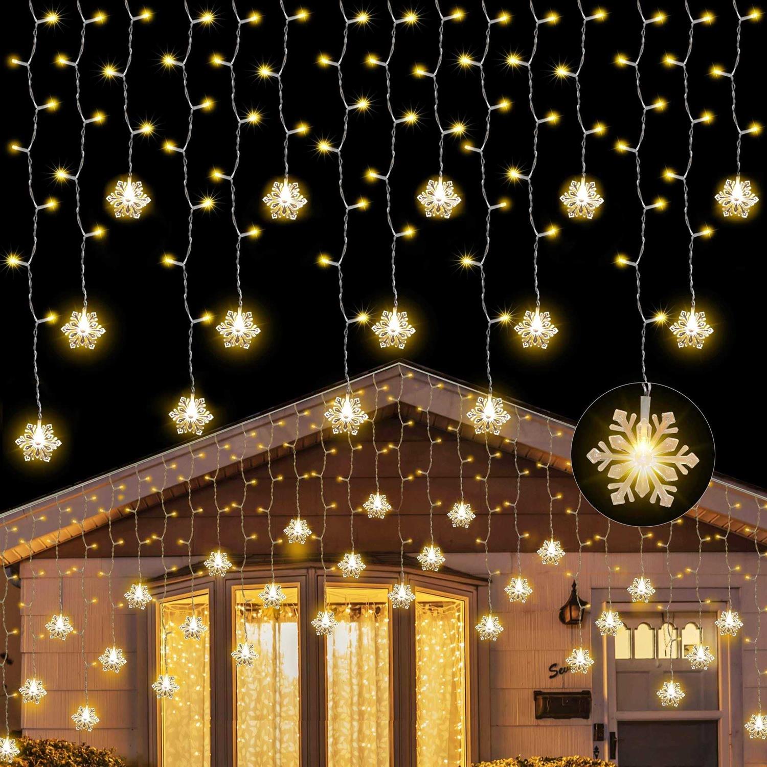 150 Led Icicle Lights with Snowflake 8 Twinkle Modes Curtain Lights,Hanging Fairy Lights for Outdoor Christmas Lights