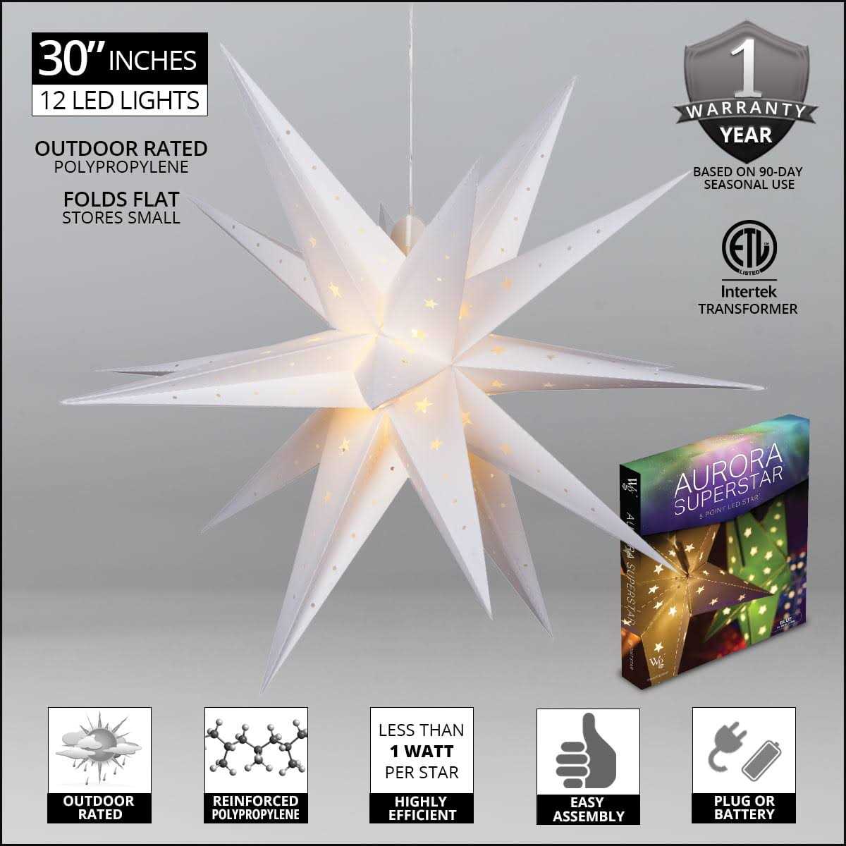 Wintergreen Lighting LED Aurora Superstar TM Fold-Flat Point Star Light