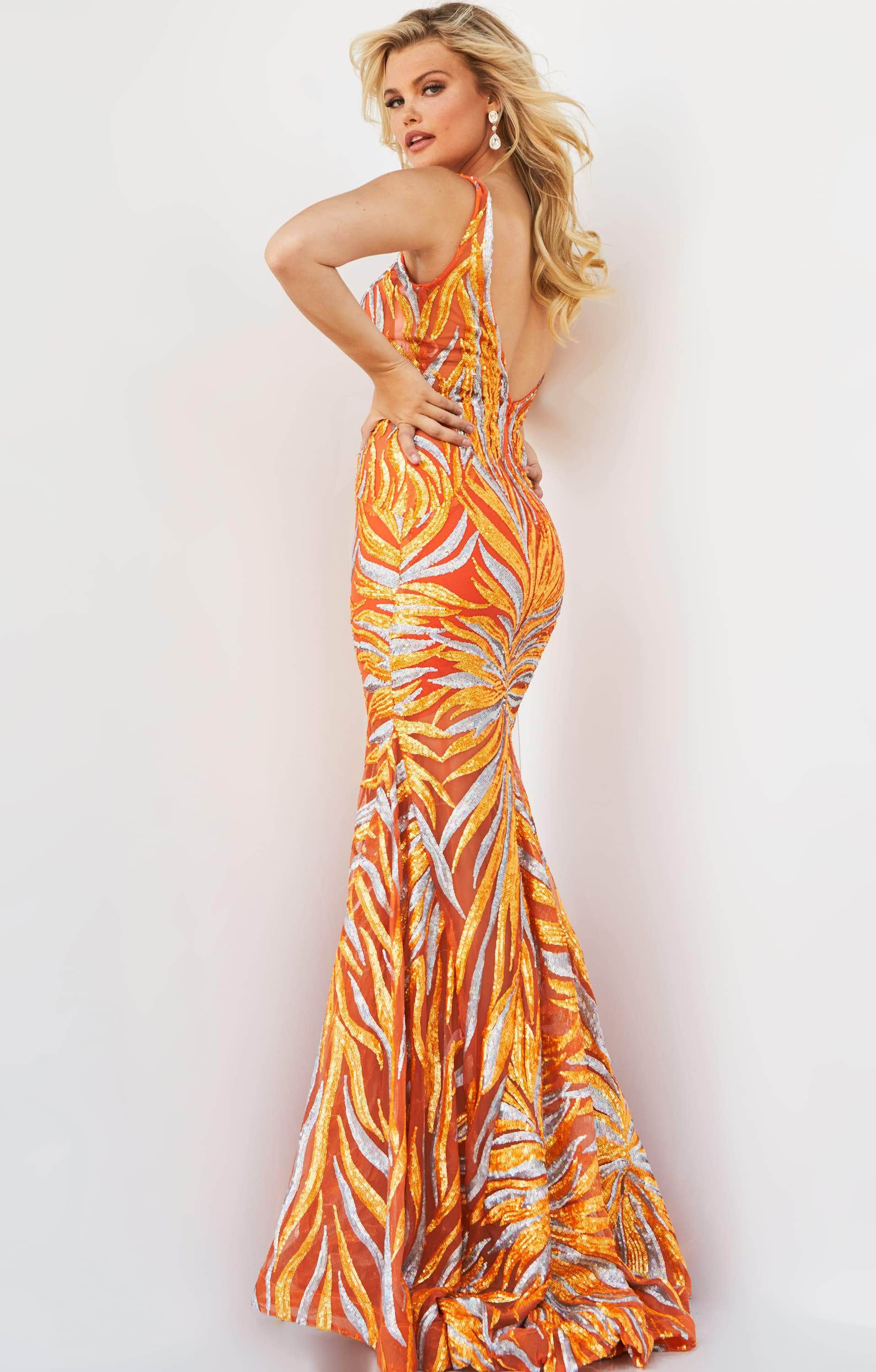 06153 Sequin Plunging V Neck Trumpet Dress