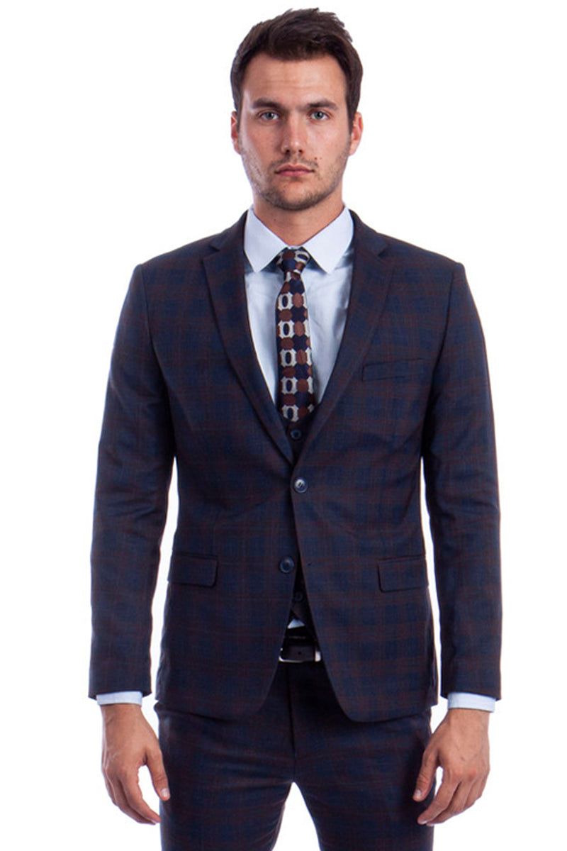Men’s Two Button Vested Skinny Fit Suit with Low Cut Vest in Blue & Brown Plaid