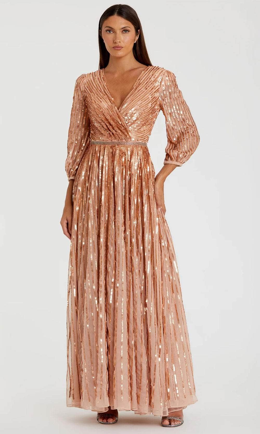 Sequin Striped Quarter Sleeve Evening Gown