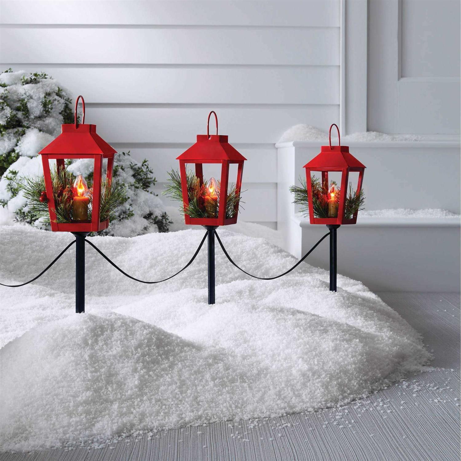 Wondershop 3pc Incandescent Red Metal Lantern with Greenery Christmas Novelty Path Light Clear