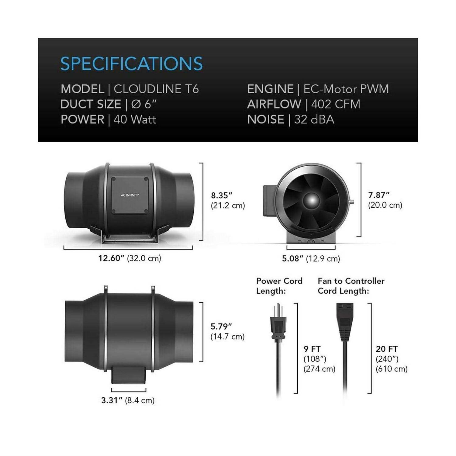 AC Infinity CLOUDLINE T6, Quiet Inline Duct Fan System with Temperature and Humidity Controller