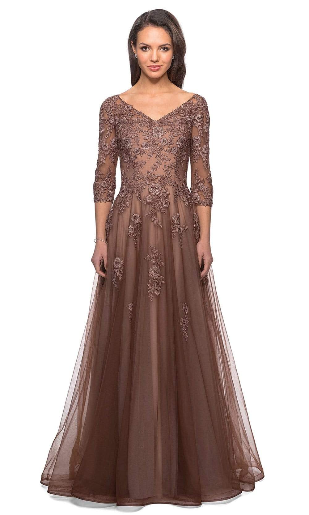 27908 Floral Lace V-Neck A-line Gown