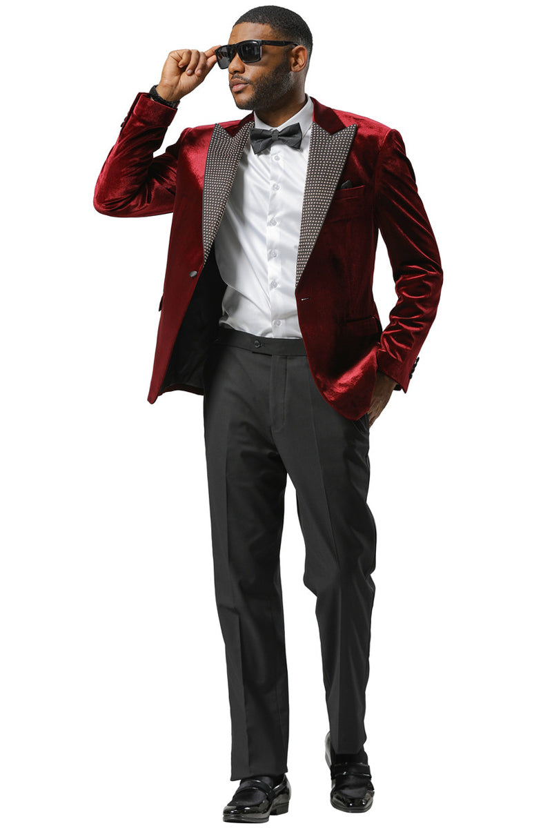 Men’s Stacy Adams Velvet Wedding & Prom Tuxedo Jacket With Rhinestone Adorned Lapel in Burgundy
