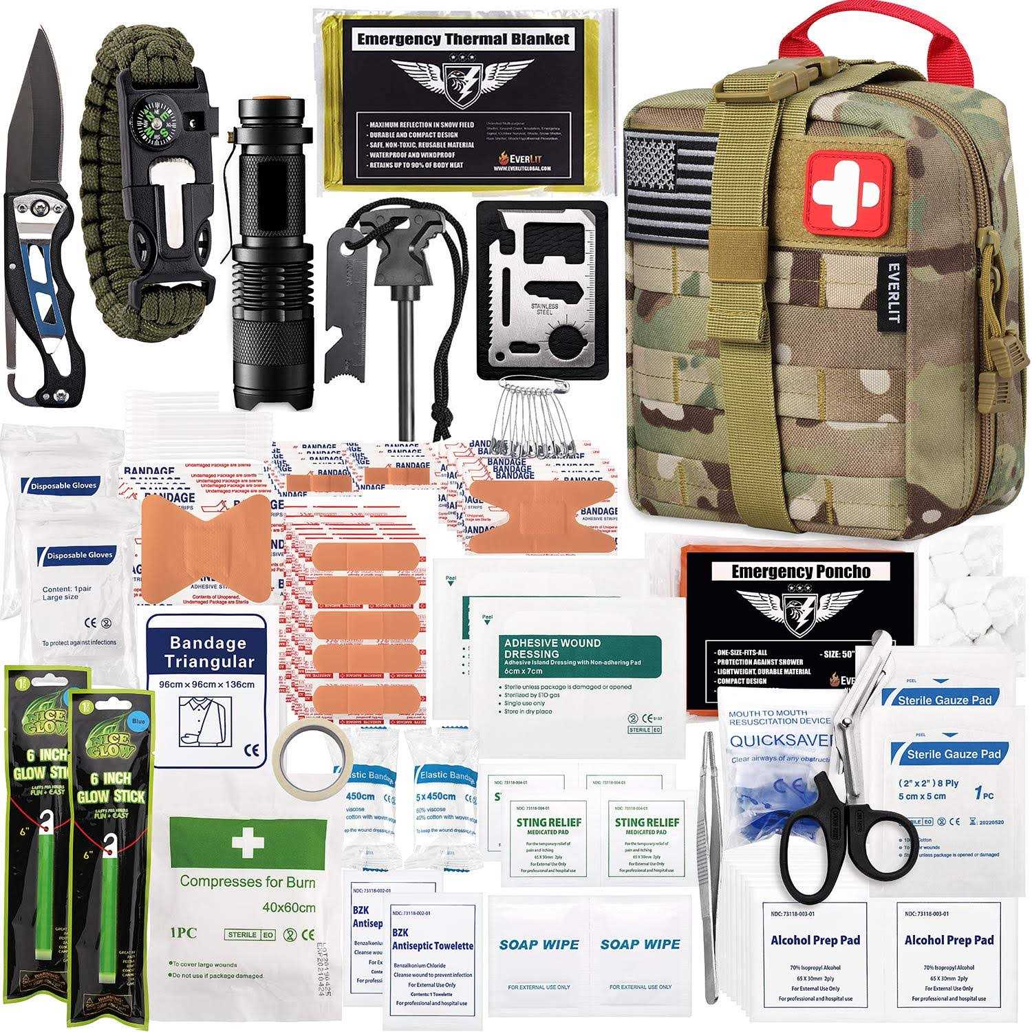 Everlit 250 Pieces Survival First Aid Kit Ifak EMT Molle Pouch Survival Kit Outdoor Gear Emergency Kits Trauma Bag for Camping Boat Hunting Hiking