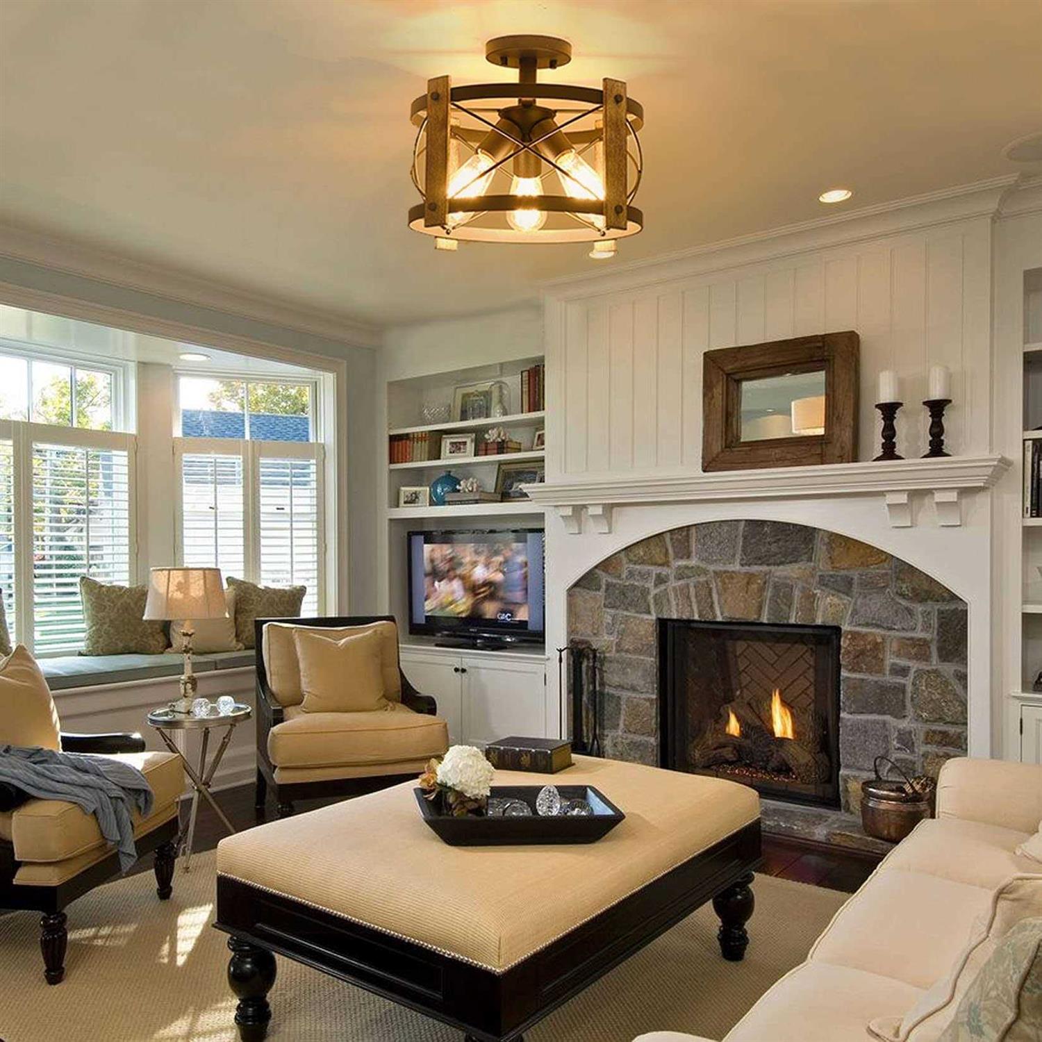 Bargeni Flush Mount Ceiling Light Fixture,13-inch Rustic Matte Black Finish,3-Light Farmhouse Light Fixtures for Living Room,Kitchen,Bedroom,Dining