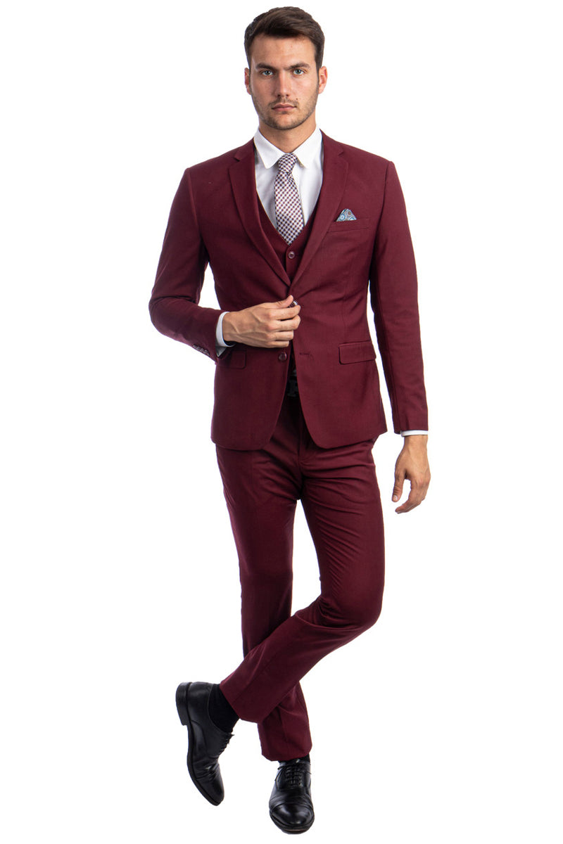 Men’s Two Button Slim Fit Vested Solid Basic Color Suit in Burgundy
