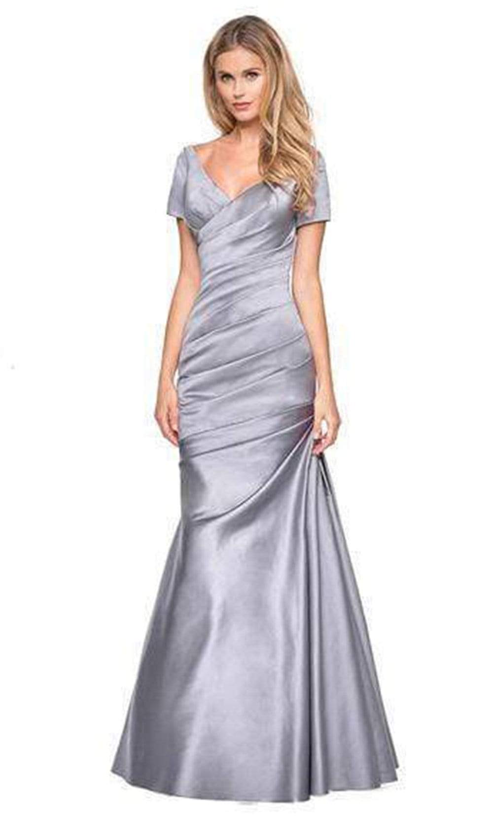26947 Short Sleeve Pleat-Textured Trumpet Gown
