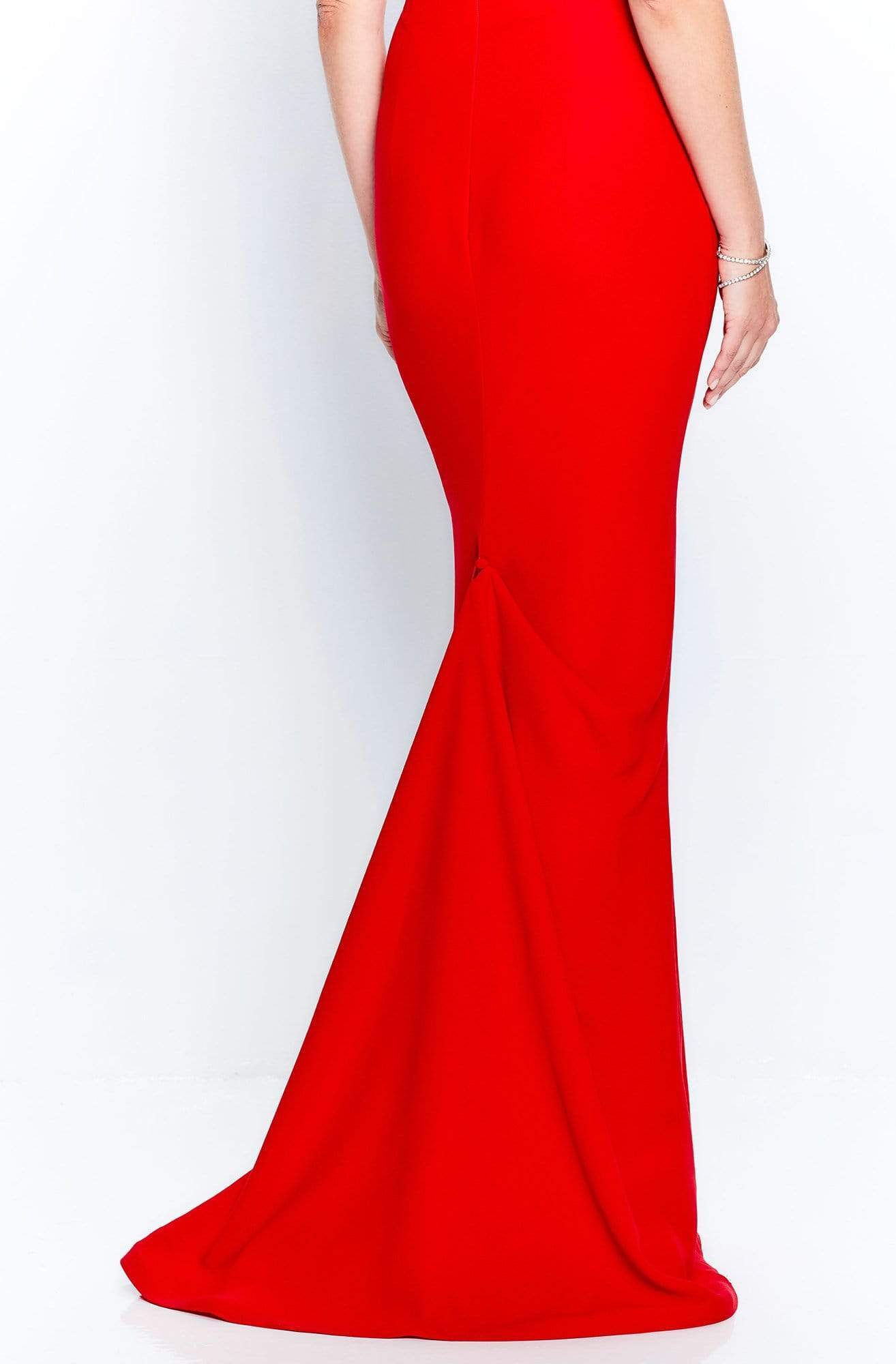 120905 Off Shoulder Brooch Accent Sheath Gown
