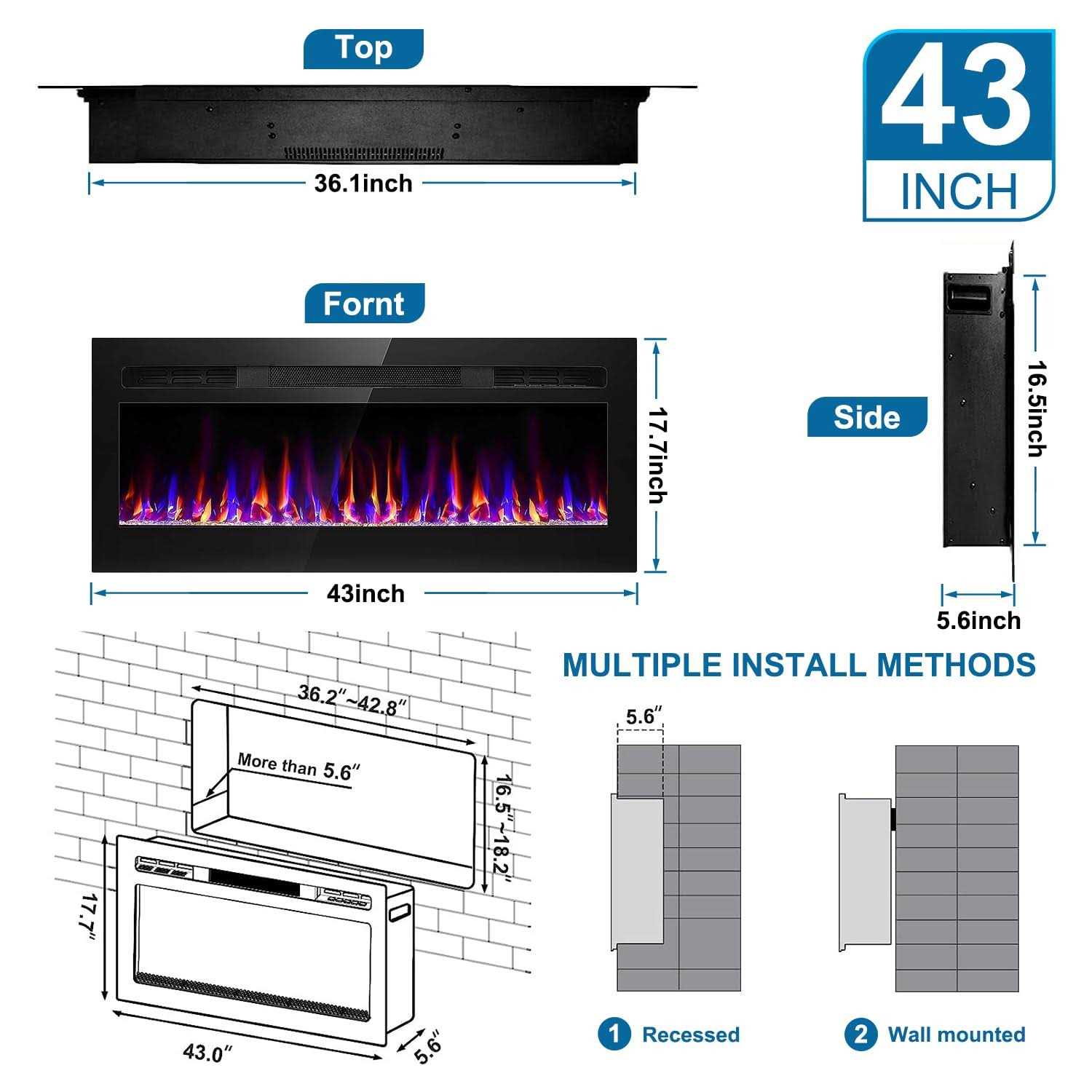 Electric Fireplace Recessed and Wall Mounted, Fireplace Heater and Linear Fireplace