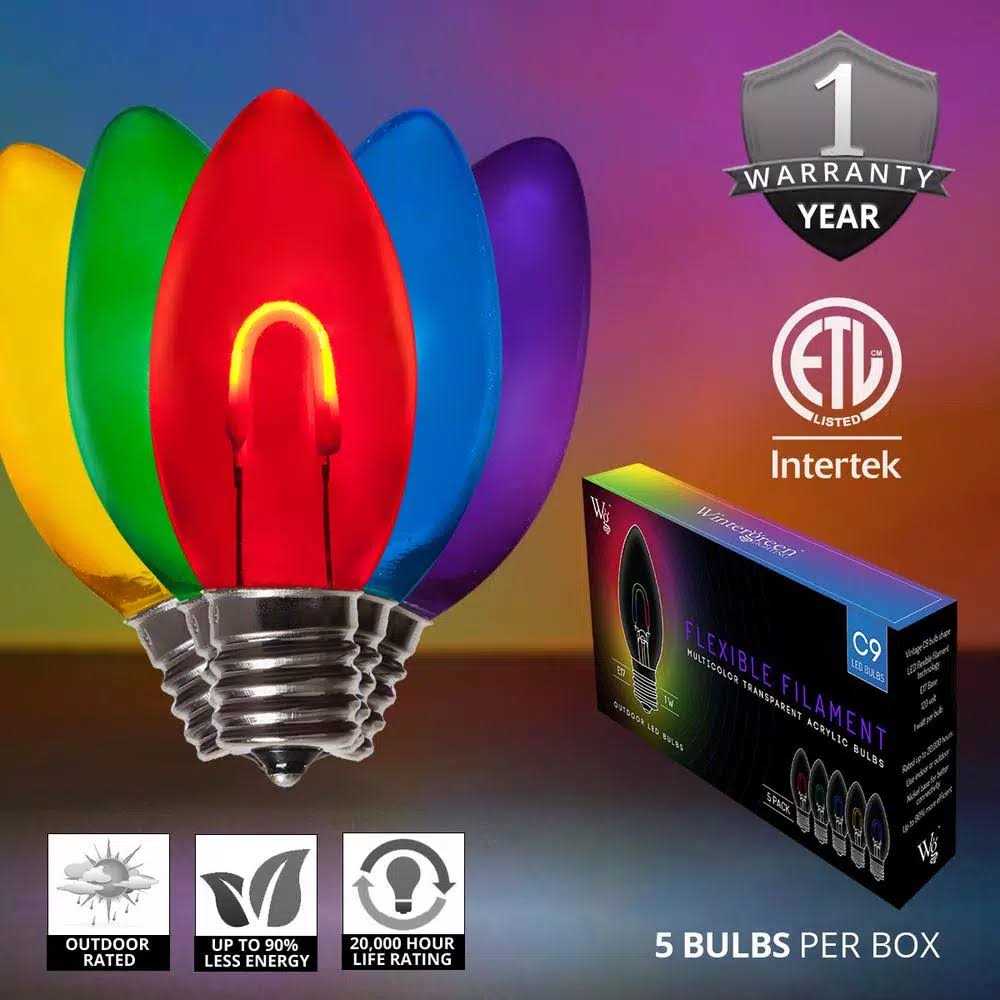 Wintergreen Lighting FlexFilament C9 LED Shatterproof Vintage Edison Christmas Light Bulbs