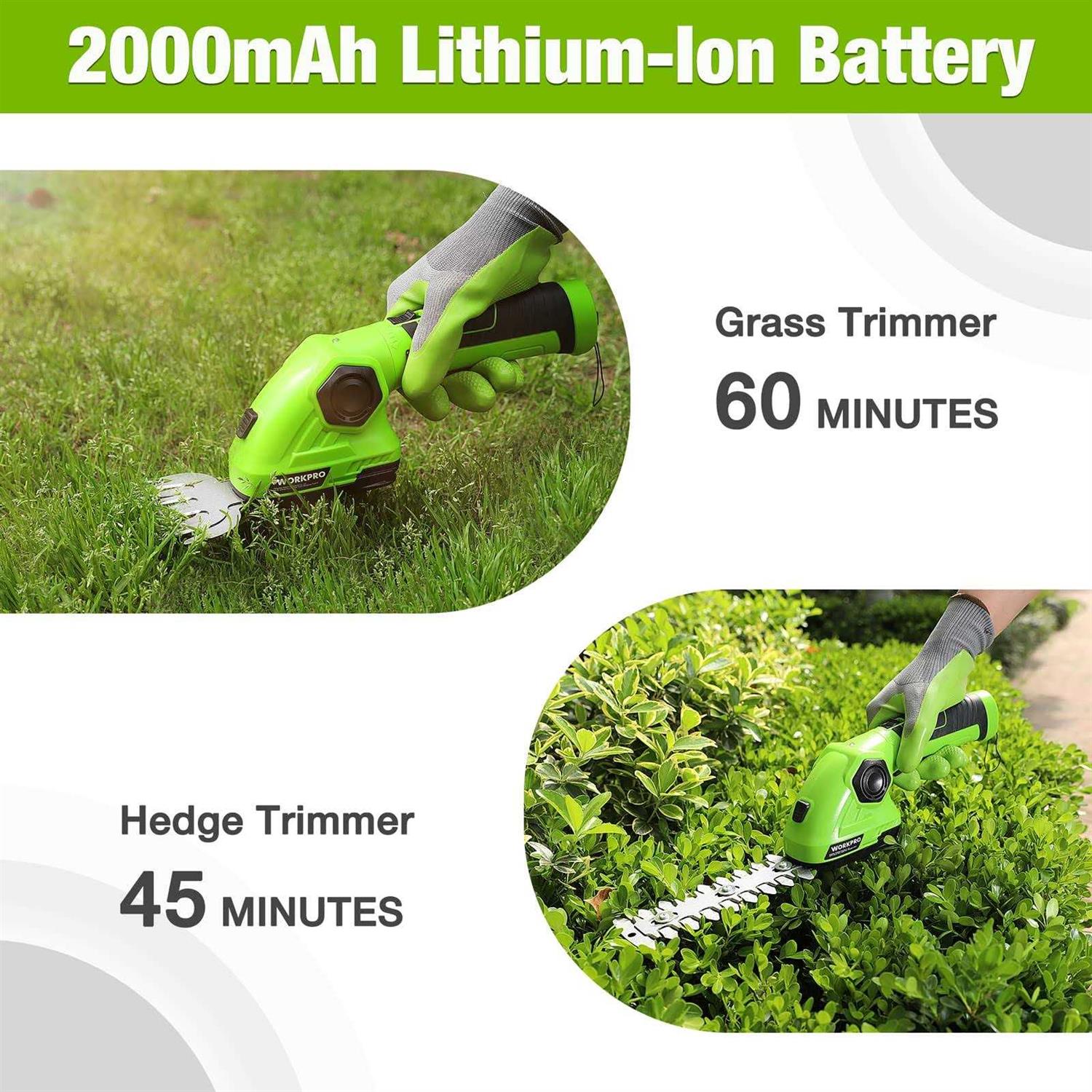 WORKPRO Cordless Grass Shear & Shrubbery Trimmer 2 in 1 Handheld Hedge Trimmer 7.2V Electric Grass Cutter 2.0Ah Rechargeable Lithium-Ion Battery