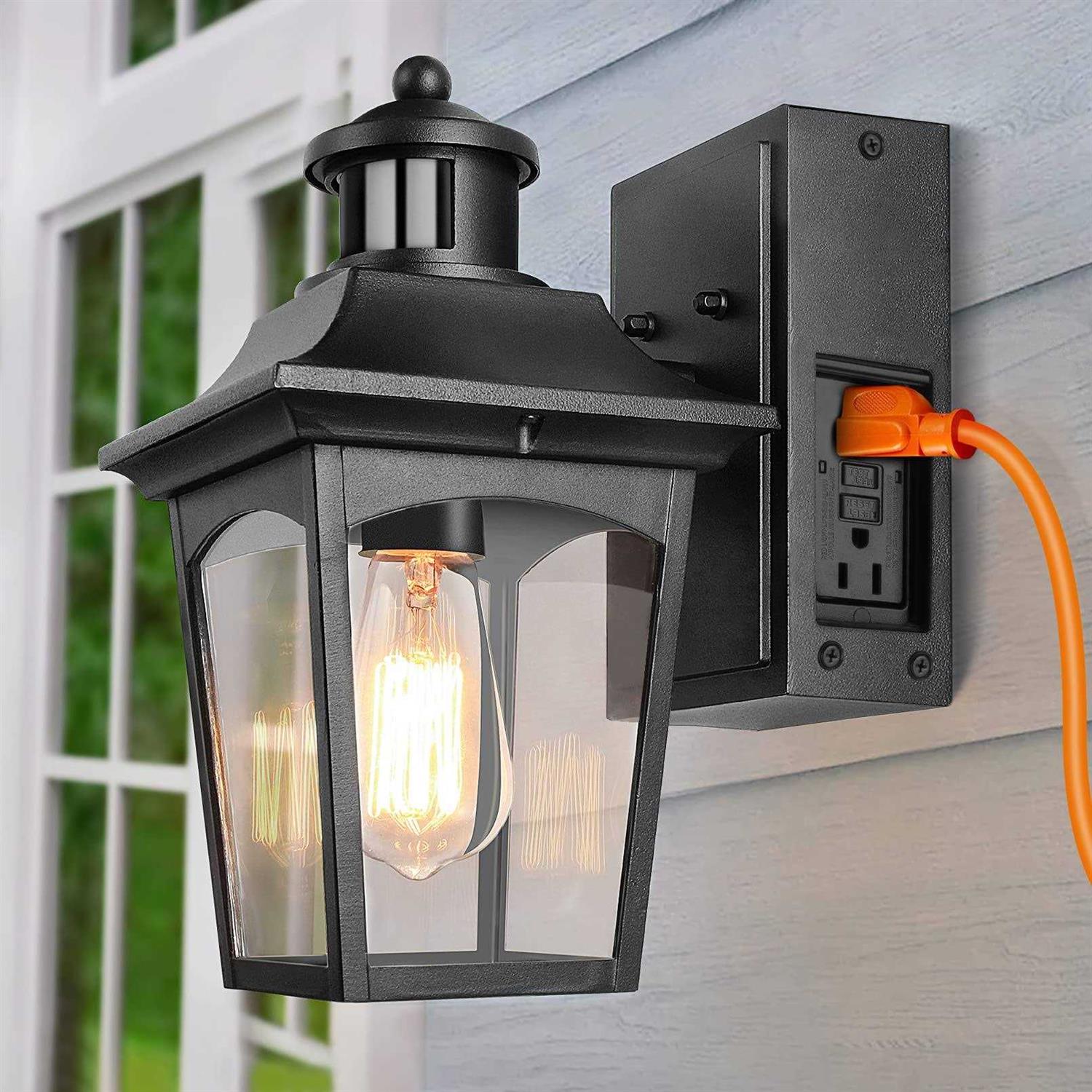 Vdkk Outdoor Lights with Outlet 3 Lighting Modes Motion Sensor Porch Light