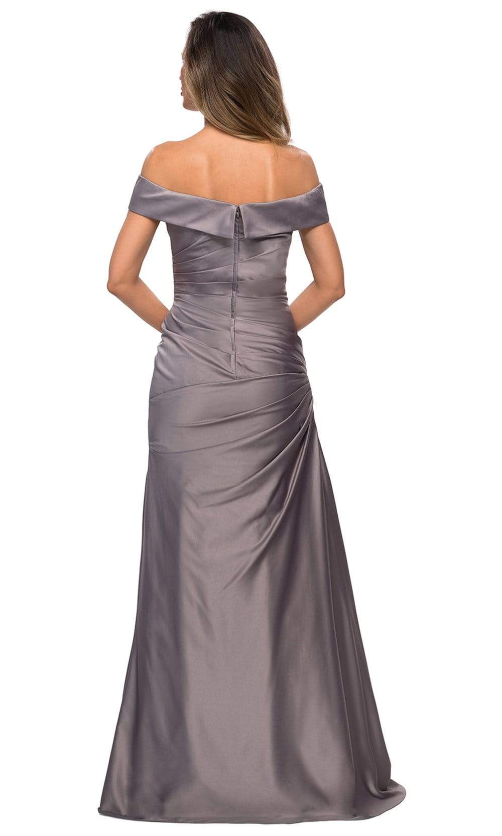 28103 Off Shoulder Pleated Satin Evening Gown