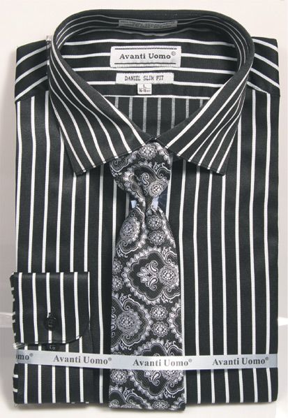 Men’s Slim Fit Spread Collar Dress Shirt & Tie Set in Bold Black & Silver Gangster Pinstripe