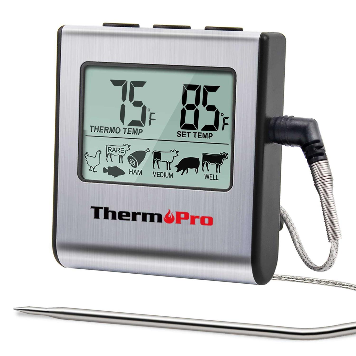 ThermoPro Tp-16 Large LCD Digital Cooking Food Meat Thermometer for Smoker Oven Kitchen BBQ Grill Thermometer Clock Timer with Stainless Steel