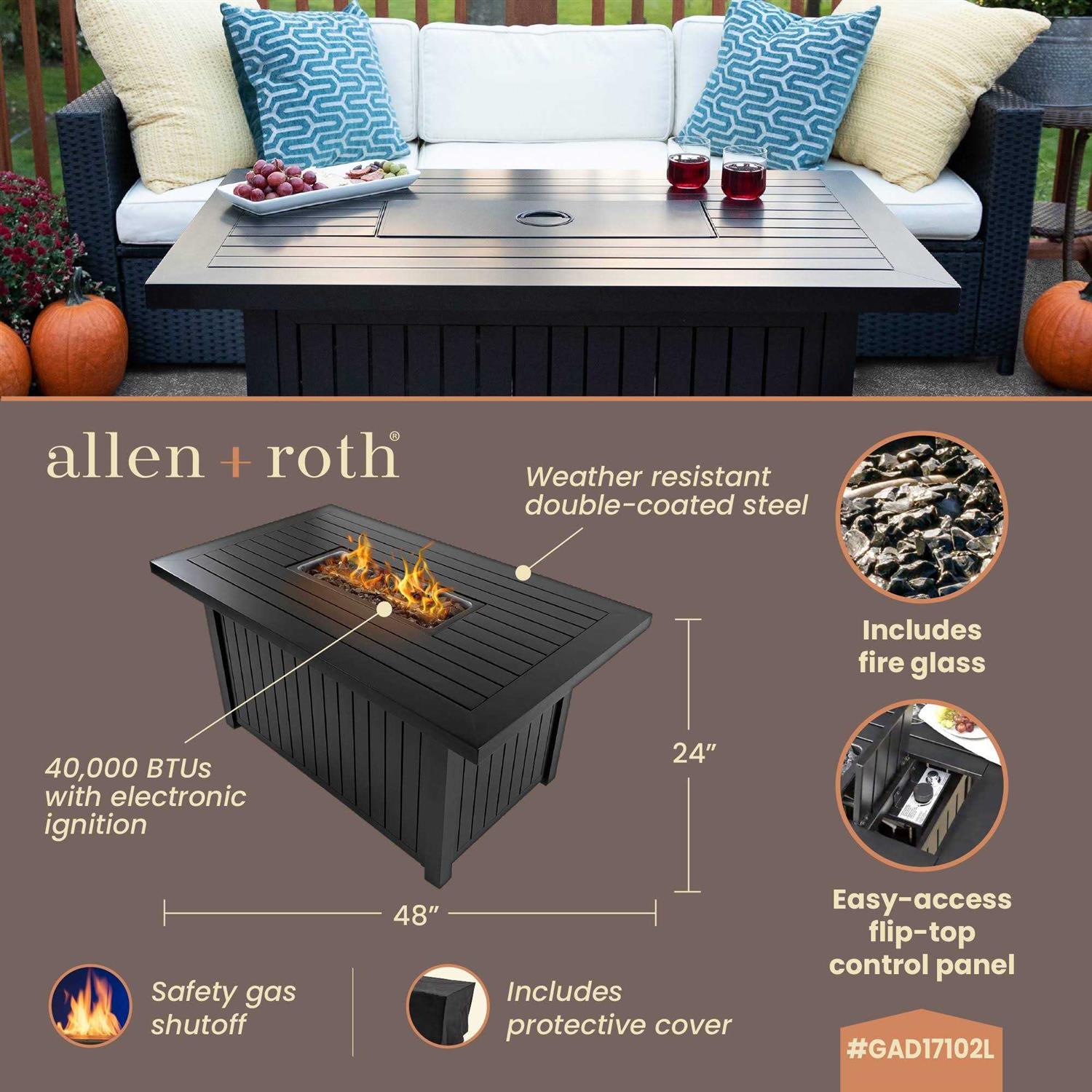 allen + roth 48-in W 40000-BTU Black Steel Propane Gas Fire Pit Table Stainless Steel GAD17103L