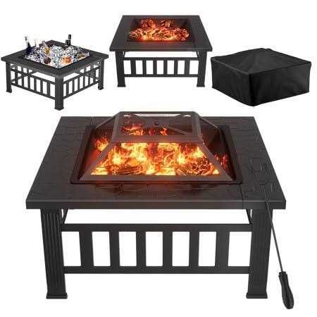 Lacoo 32 Patio Square Fire Pit Table for Patio Backyard Bbq, Ice Storage with Mesh Lid, Poker and Cover