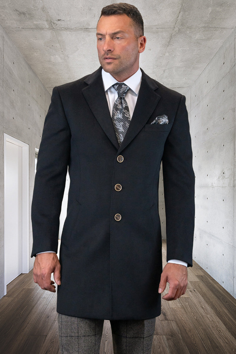Men’s Designer 100% Wool Winter Overcoat in Black