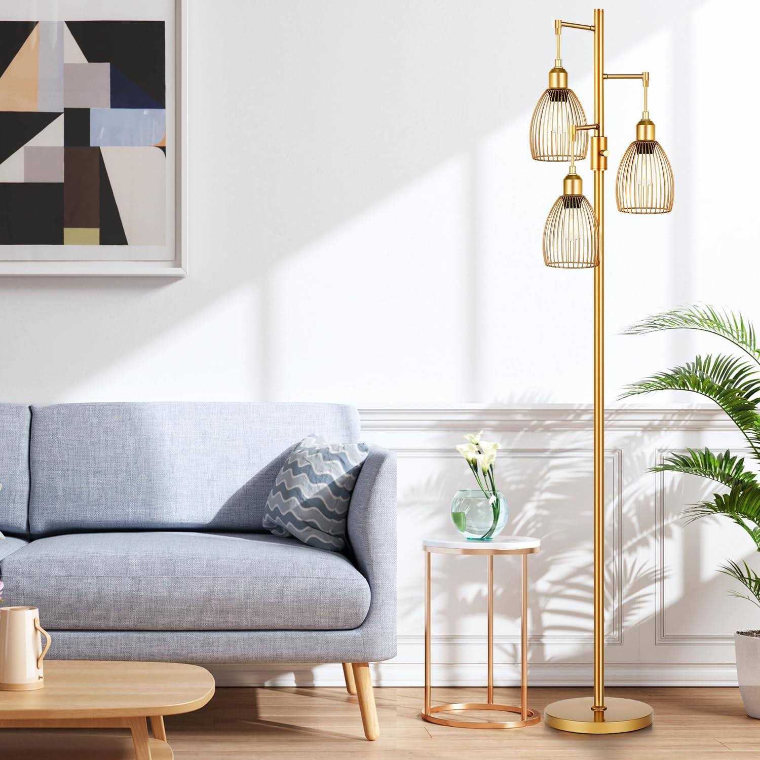 Torondo Dimmable Industrial Floor Lamps for Living Room Gold Tree Standing Tall Lamps with 3 Elegant Teardrop Cage Head & 800 Lumens LED Bulbs