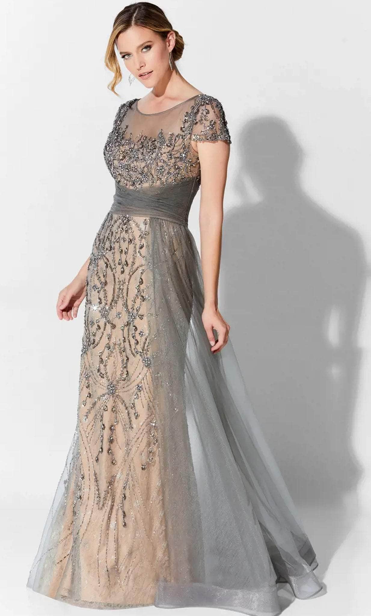 Short Sleeved Stone-Embellished Gown