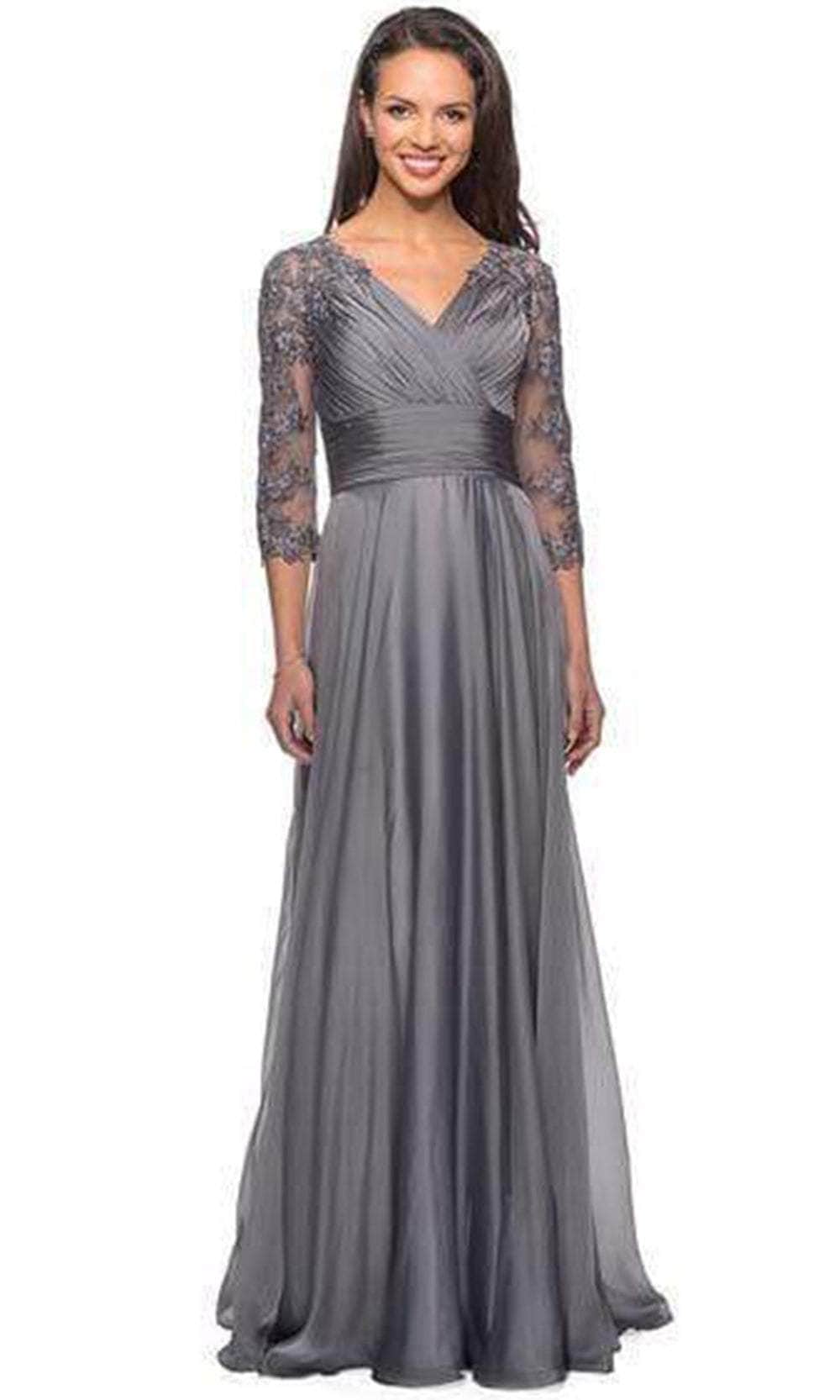 27153 Sheer Lace Quarter Sleeves Empire Waist Chiffon Gown