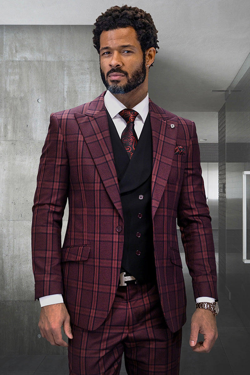 Men’s Designer Vested Wide Peak Lapel Houndstooth Plaid Suit in Burgundy