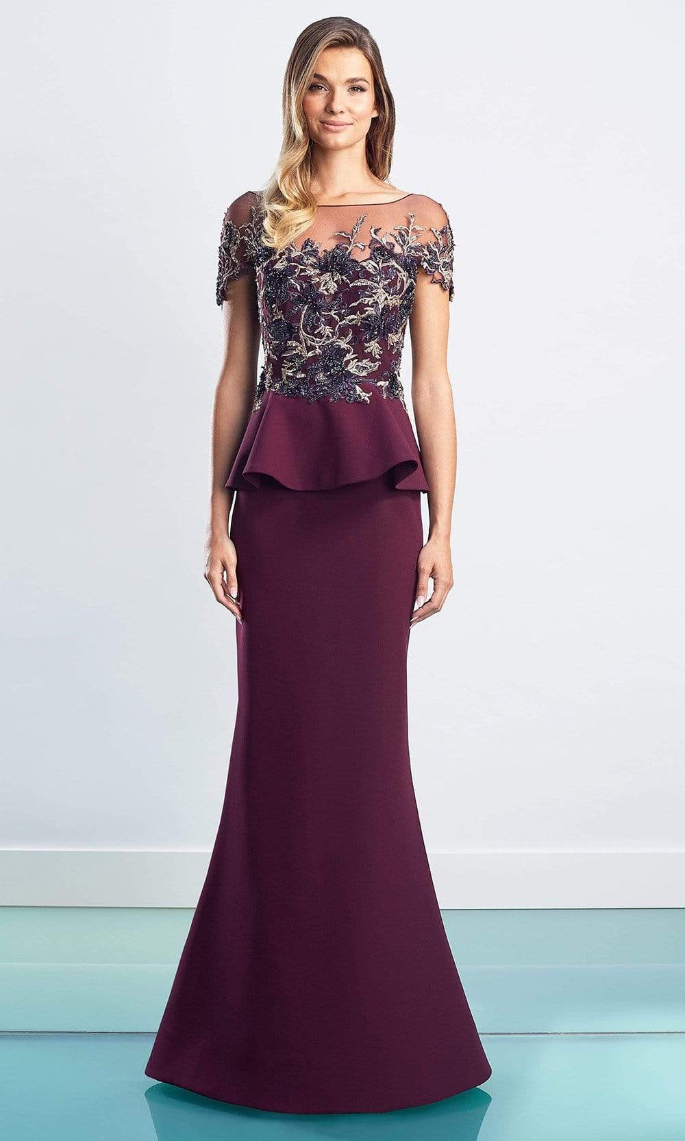 1459 Embroidered Peplum Long Gown