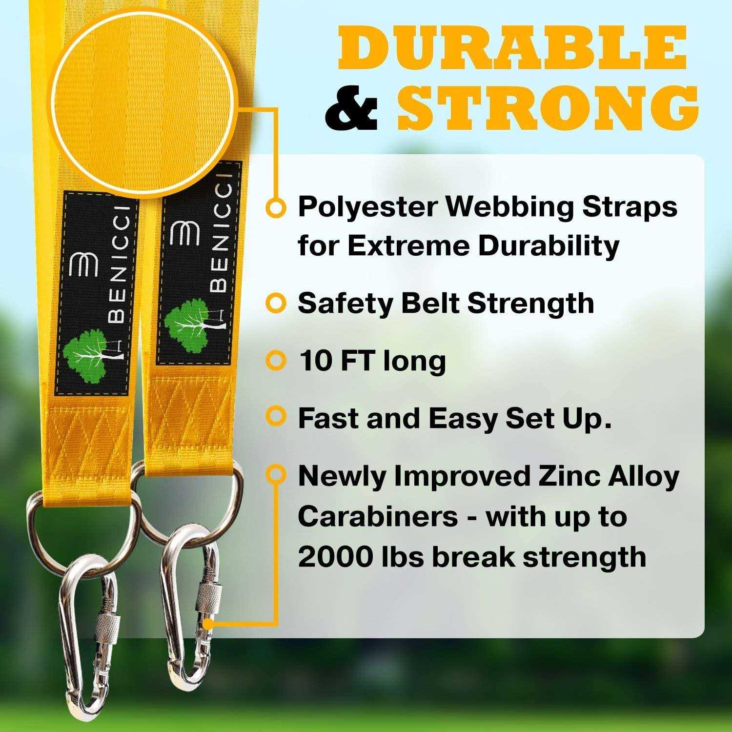 Benicci Safe Tree Swing Hanging Kit 10ft Long Straps with Two Alloy Carabiners and 2000 Lb Breaking Strength