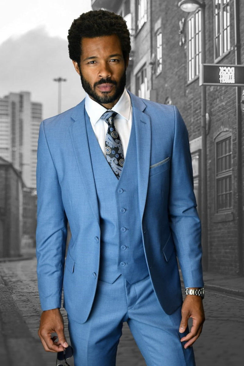 Men’s Designer Slim Fit Vested Wool Wedding Suit in Steel Blue